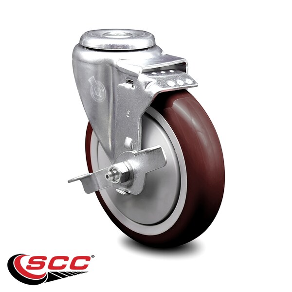 5 Inch Maroon Polyurethane Wheel Swivel Bolt Hole Caster with Brake SCC
